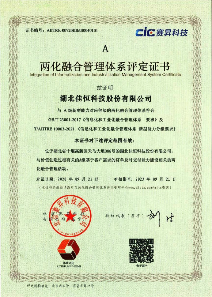兩(liang)化融合(he)管理體(ti)系評定(dìng)證書